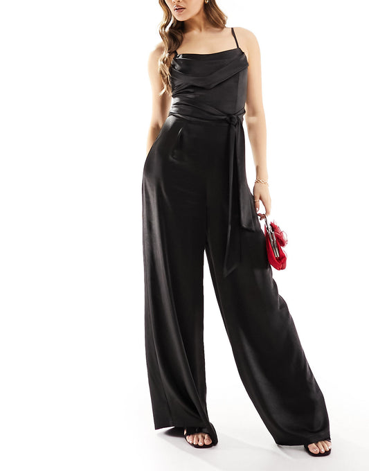 Flounce London cowl neck tie side satin jumpsuit in black