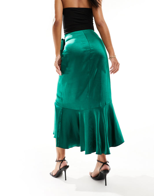 Flounce London satin wrap midaxi skirt in emerald green