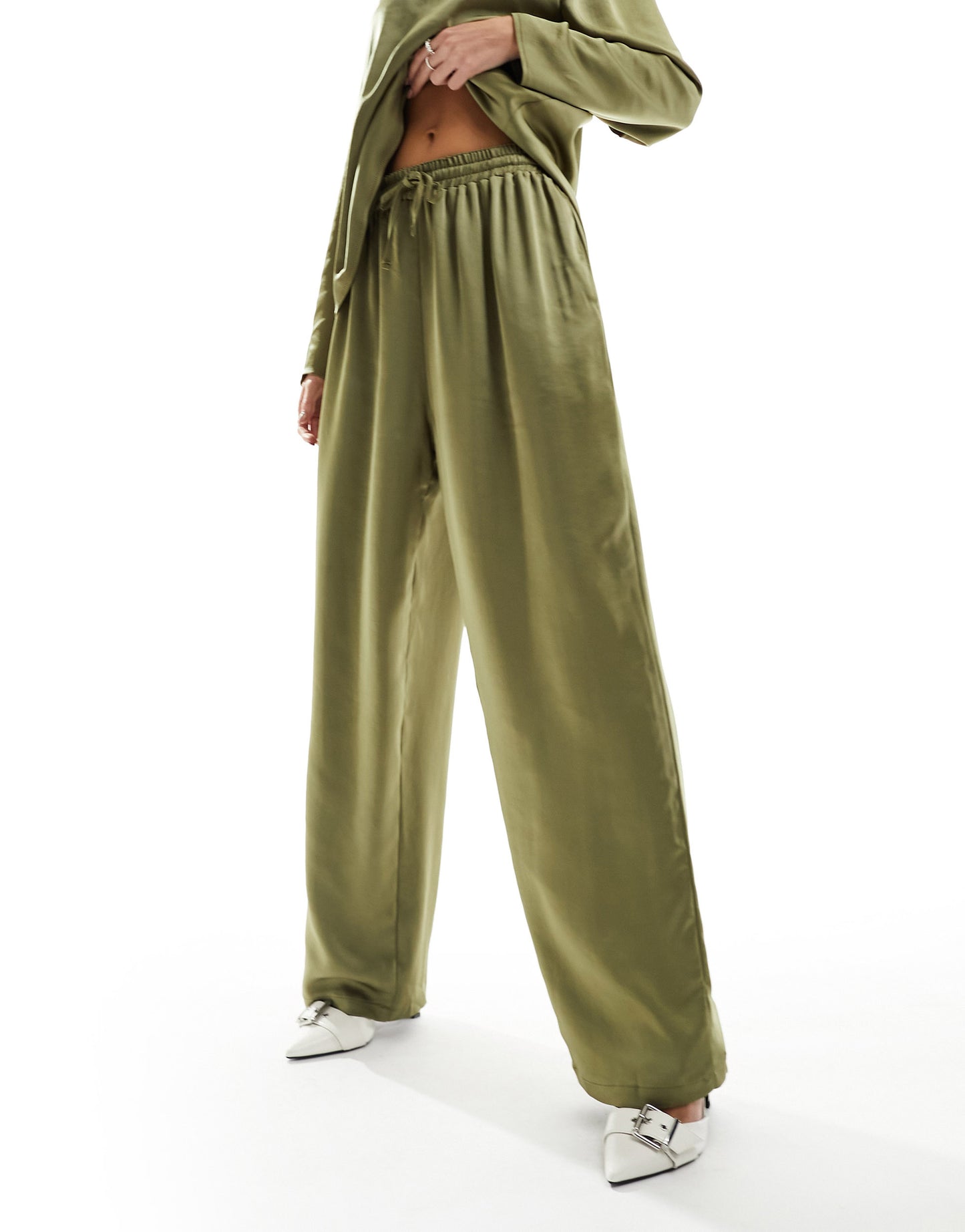 Flounce London satin floaty trousers in olive co-ord