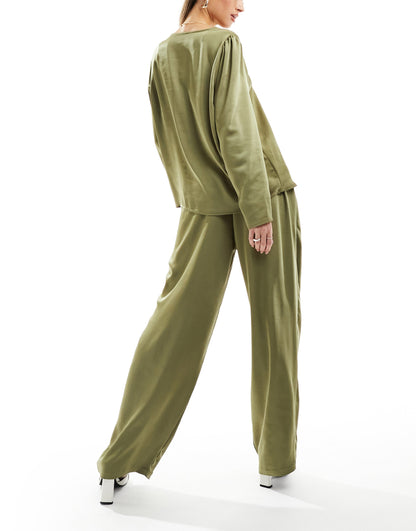 Flounce London satin floaty trousers in olive co-ord