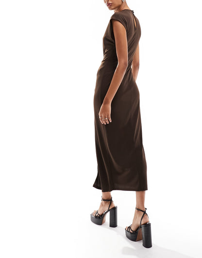 ASOS DESIGN drape midaxi dress with hardware trim and grown on cap sleeve in chocolate