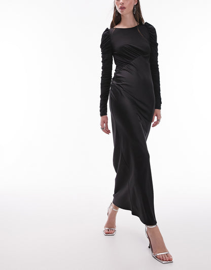 Topshop long sleeve satin and jersey maxi dress in black