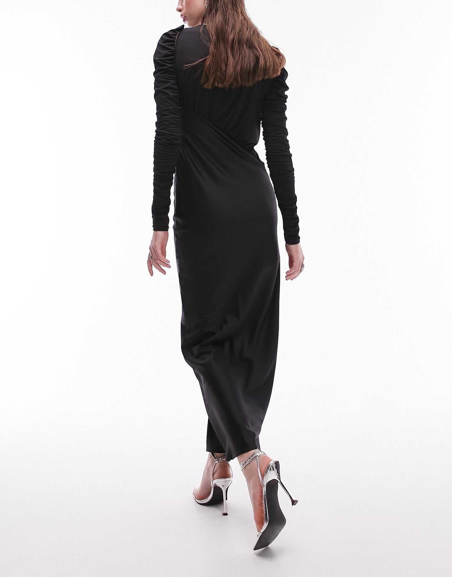 Topshop long sleeve satin and jersey maxi dress in black