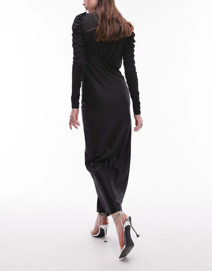 Topshop long sleeve satin and jersey maxi dress in black