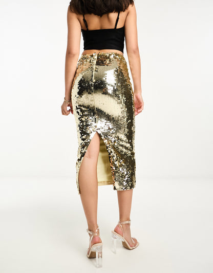 Starlet embellished midaxi skirt in gold liquid sequin