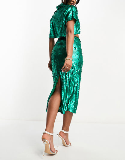 Starlet embellished sequin midi skirt co-ord in emerald green