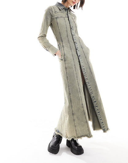 Basic Pleasure Mode fitted stone wash denim maxi shirt dress in blue