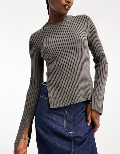 Weekday Rora ribbed knitted jumper with side splits in dark grey melange