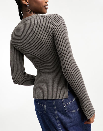 Weekday Rora ribbed knitted jumper with side splits in dark grey melange