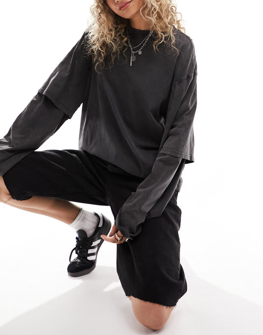 Weekday super oversized layered long sleeve top in off-black