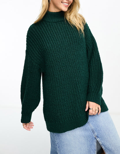 Monki high neck chunky rib knitted jumper with volume sleeve in dark green