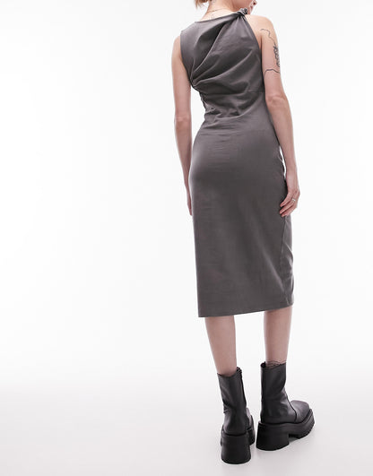 Topshop jersey twist detail cut out side midi dress in washed grey