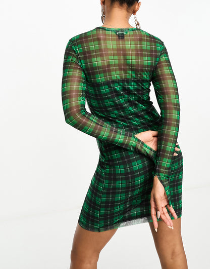 Monki long sleeve mesh dress in green check