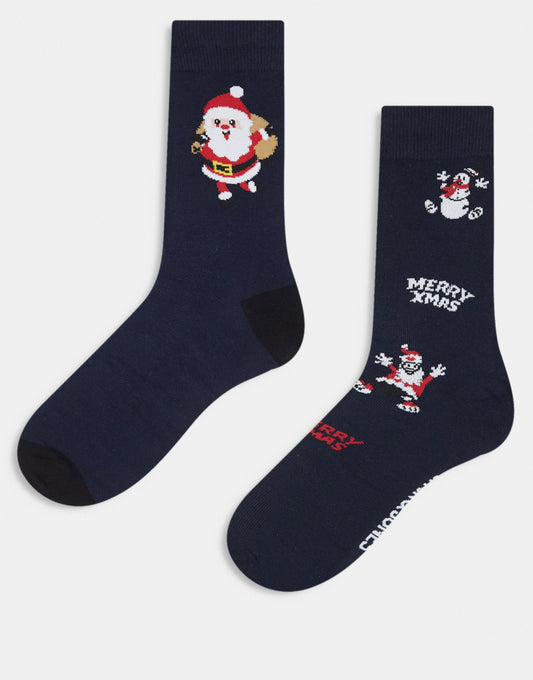 Jack & Jones Christmas boxer & sock giftbox in navy Santa print