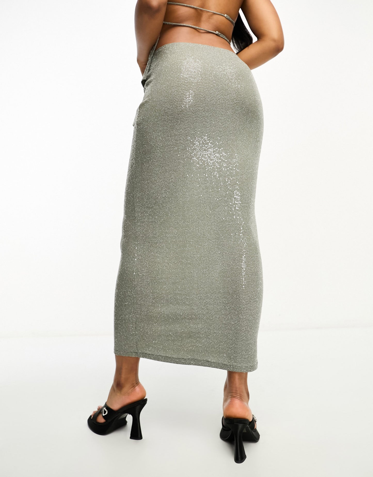 Pull&Bear sequin maxi skirt co-ord in grey sparkle