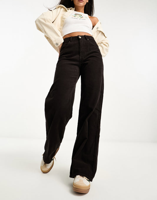 Pull&Bear wide leg cord trouser in chocolate brown