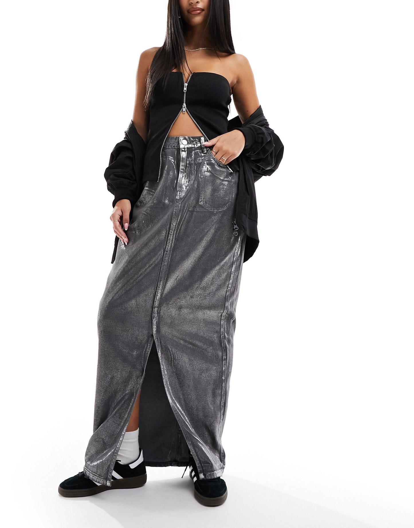 Liquor N Poker maxi legnth denim skirt with split in metallic silver