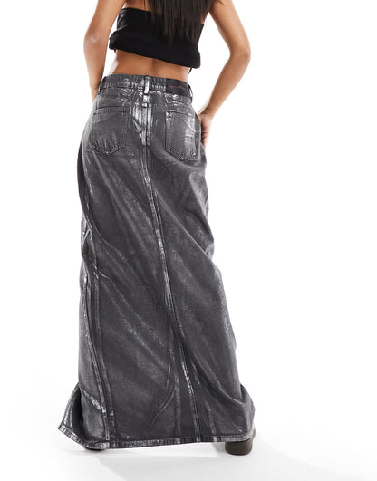 Liquor N Poker maxi legnth denim skirt with split in metallic silver