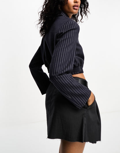 Bershka tailored cropped jacket in blue pinstripe