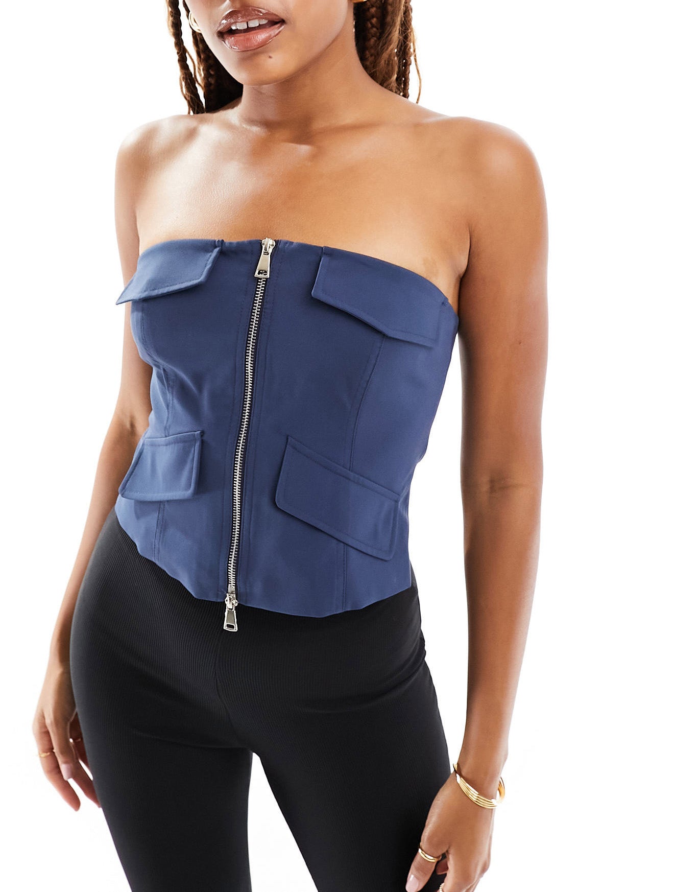 Bershka tailored zip front bandeau in deep blue