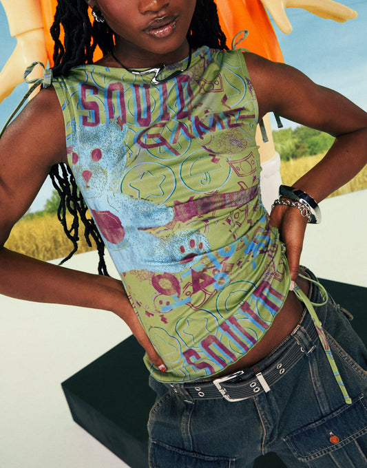 ASOS DESIGN X Squid Game: The Challenge slash neck tank with tie side in print