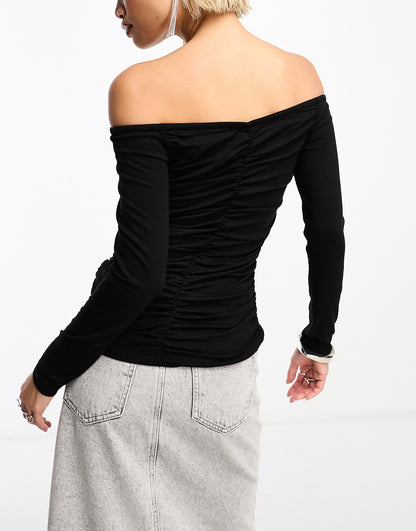 & Other Stories off the shoulder top with ruche detail in black