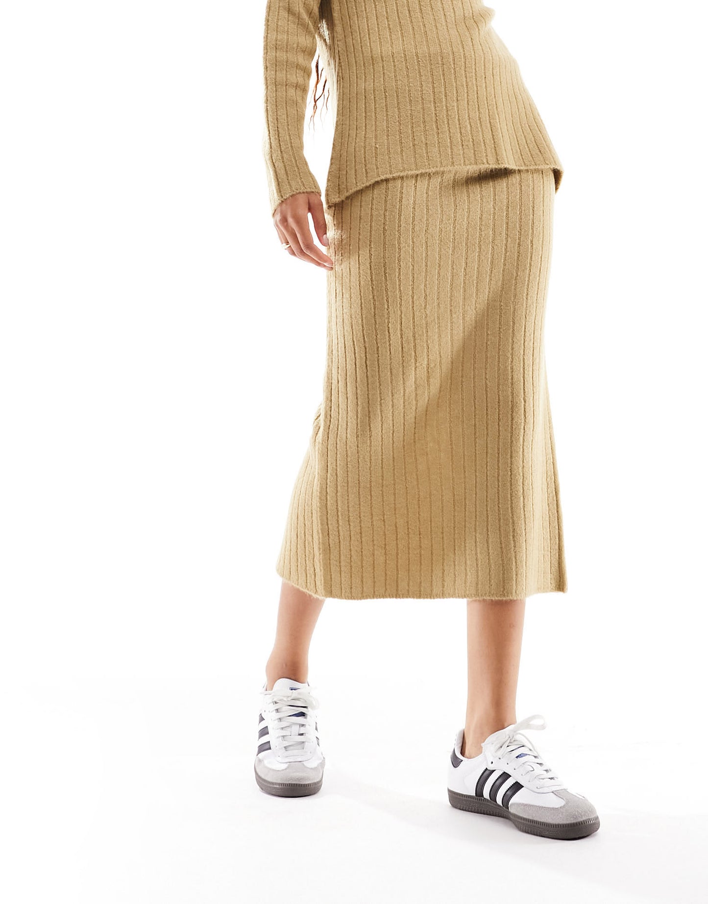 ASOS DESIGN knitted midi skirt in rib co-ord in camel