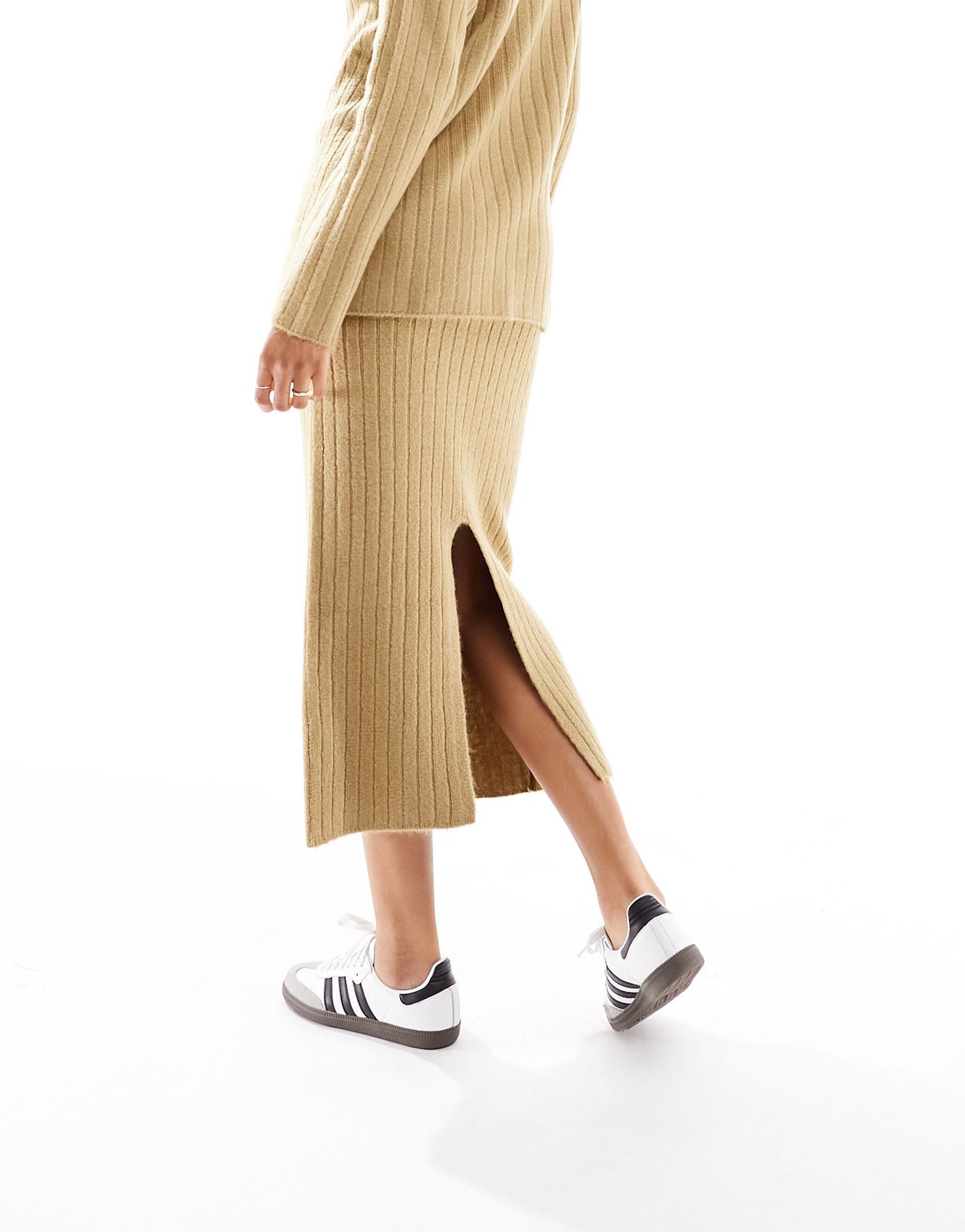 ASOS DESIGN knitted midi skirt in rib co-ord in camel