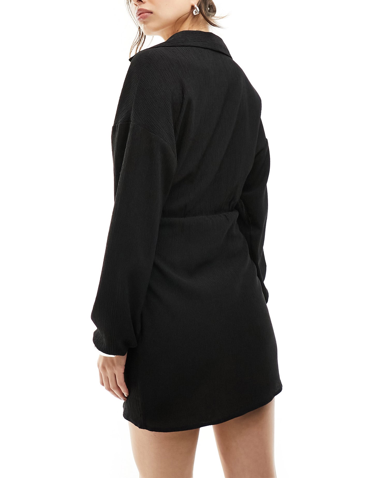 ASOS DESIGN textured long sleeve v neck wrap mini dress in black