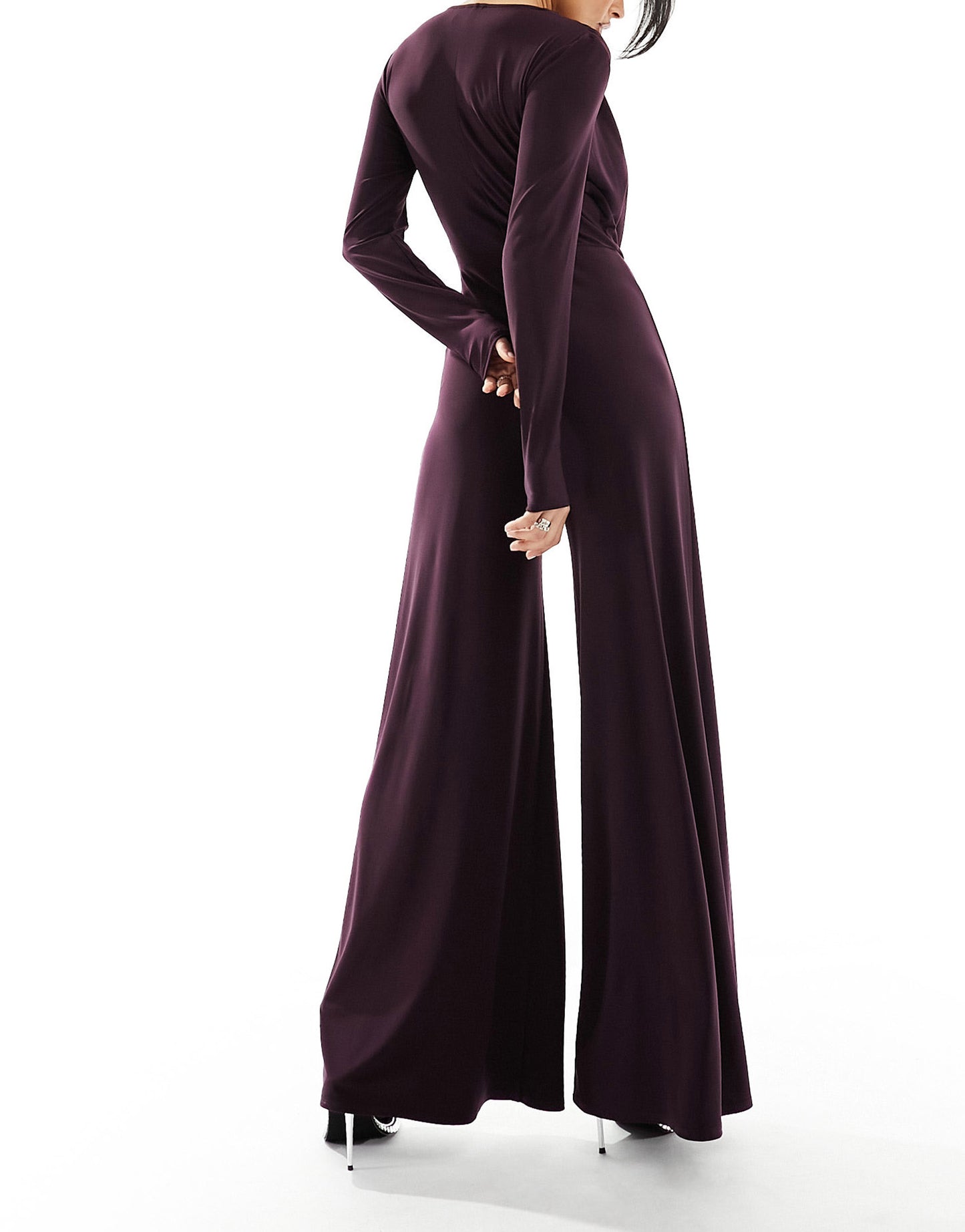 ASOS DESIGN slinky cowl wide leg jumpsuit with encrusted trim in deep purple