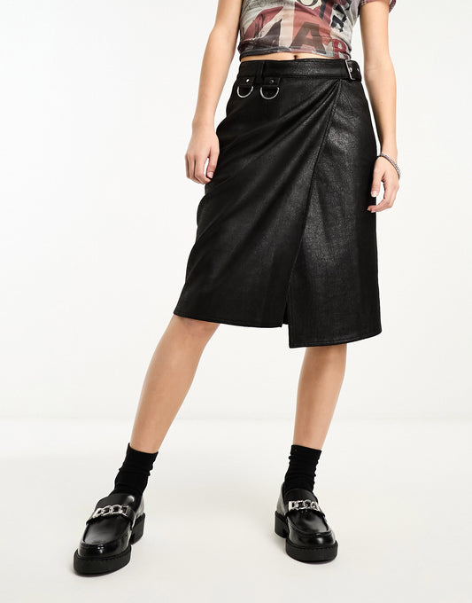 Weekday Oda faux leather midi skirt with belt and hardware details in black