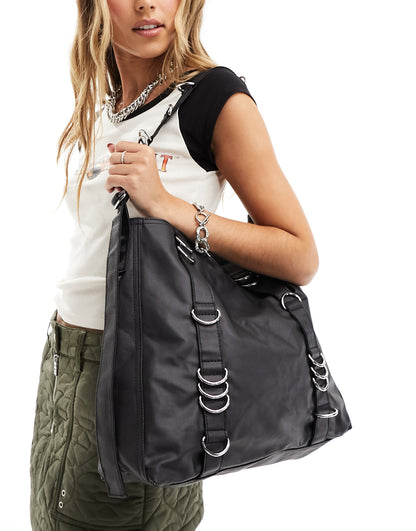 Weekday shoulder bag in coated canvas with d-rings in black