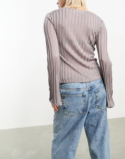 Weekday Enora knitted sheer rib sweater in grey