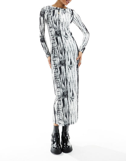 Pieces Tall ribbed midi dress in black & white tie dye