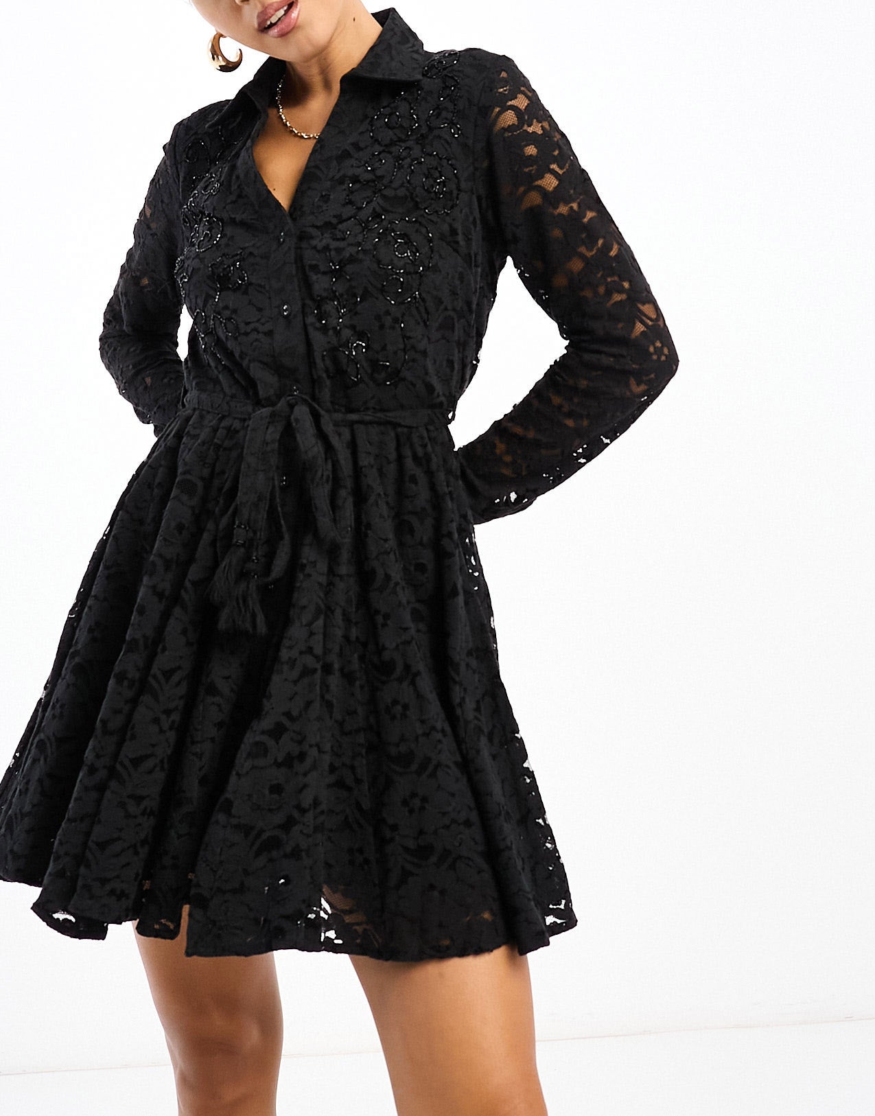 River Island beaded shirt dress in black