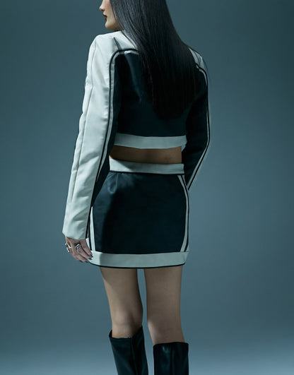 Murci leather look mini skirt co-ord in black with cream trim