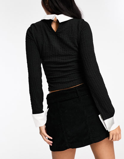 New Look poplin trim textured shirt in black