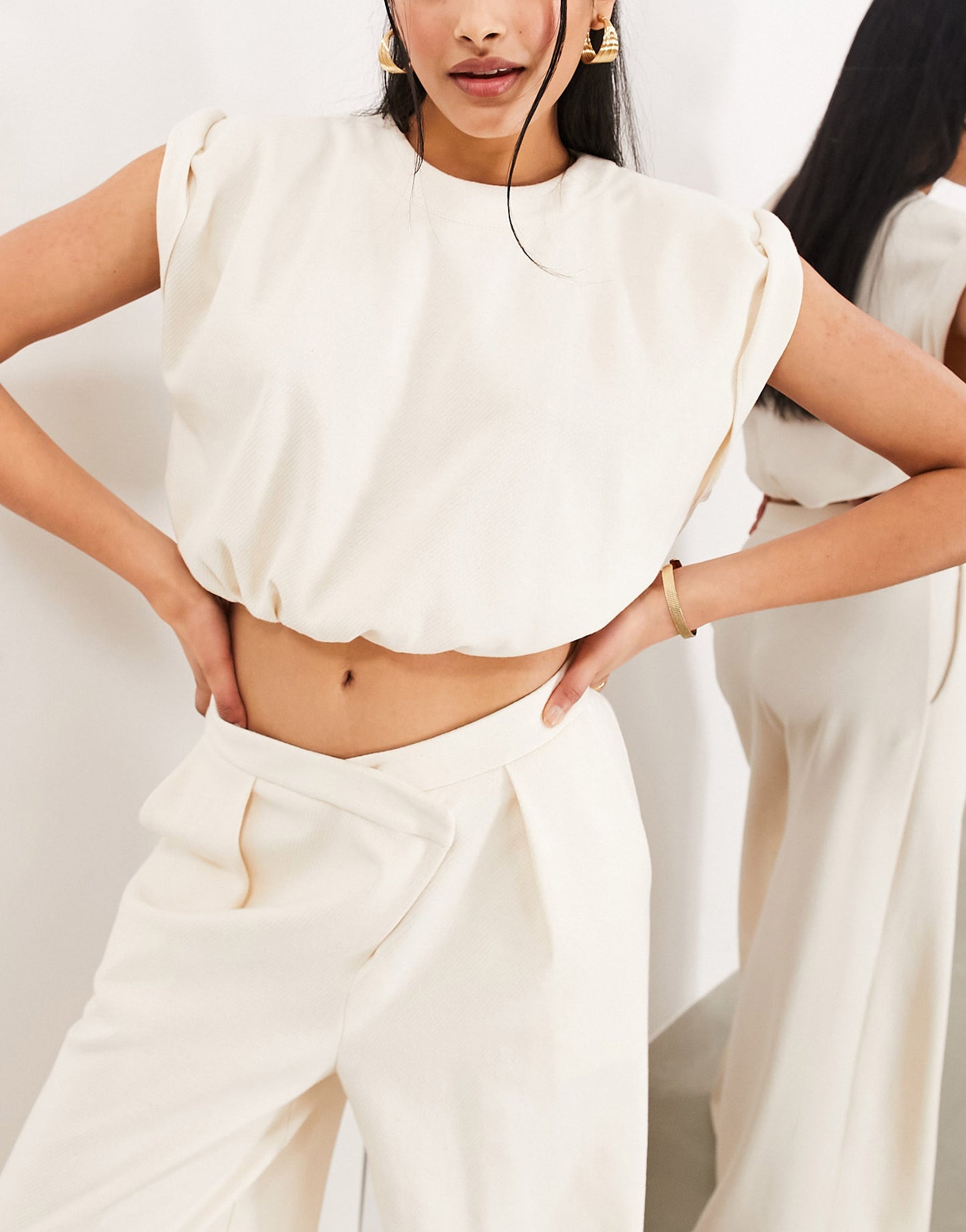 ASOS EDITION premium textured jersey roll sleeve crop top in cream