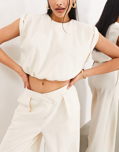 ASOS EDITION premium textured jersey roll sleeve crop top in cream