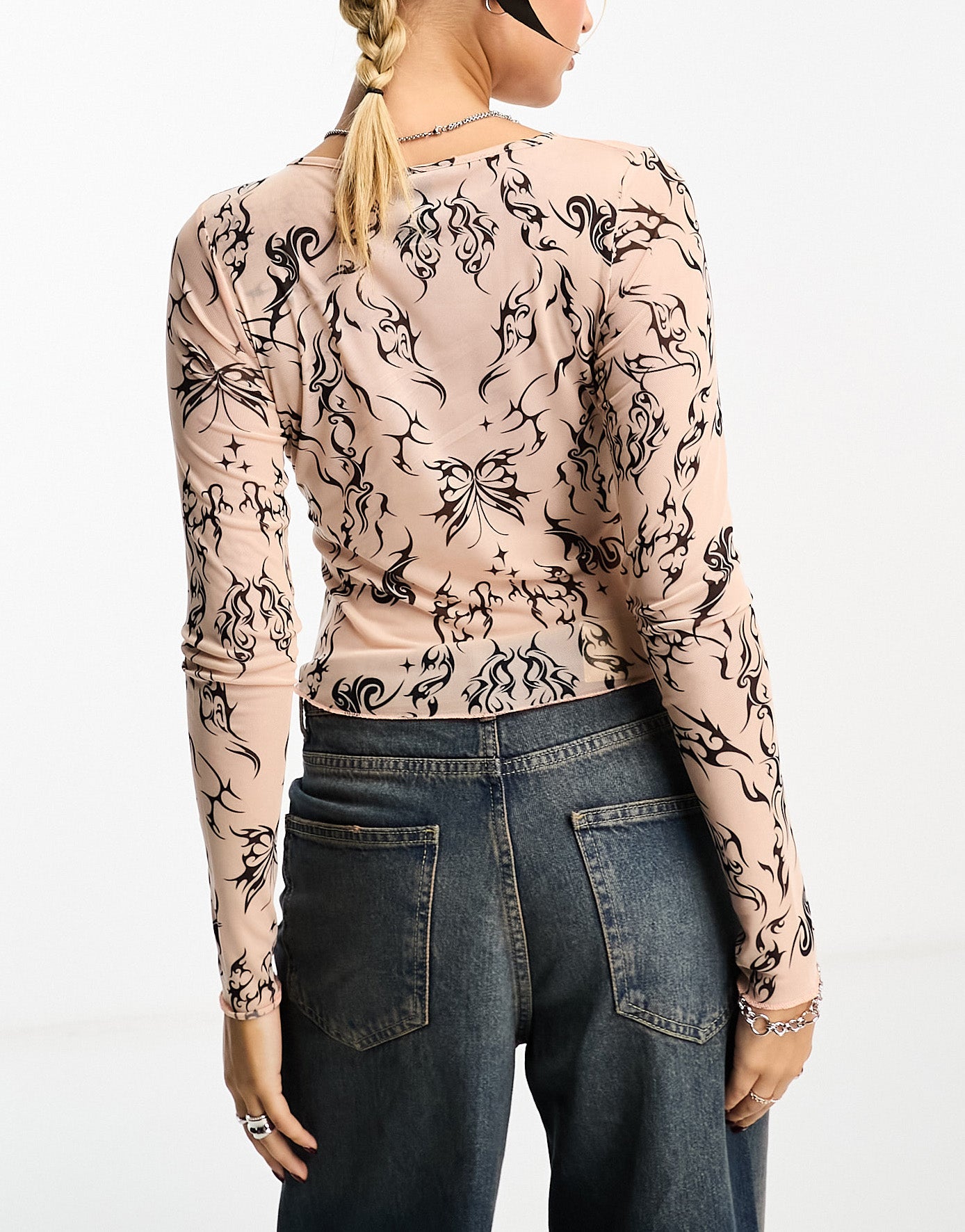 COLLUSION tattoo print long sleeve slash neck top in multi