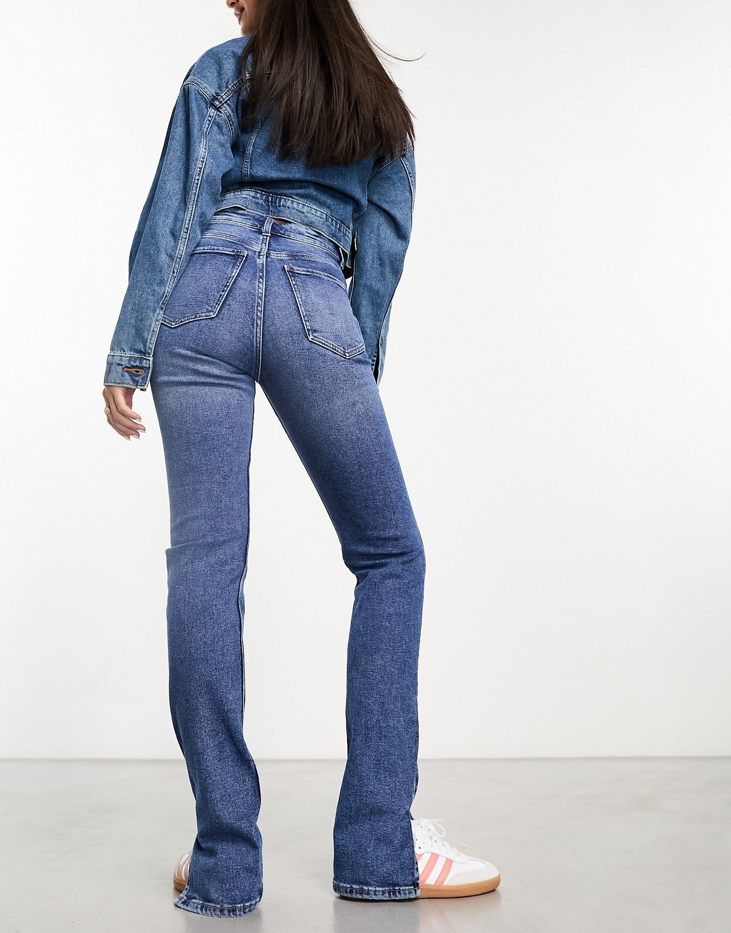 Bershka high waisted bootcut jeans in mid blue wash