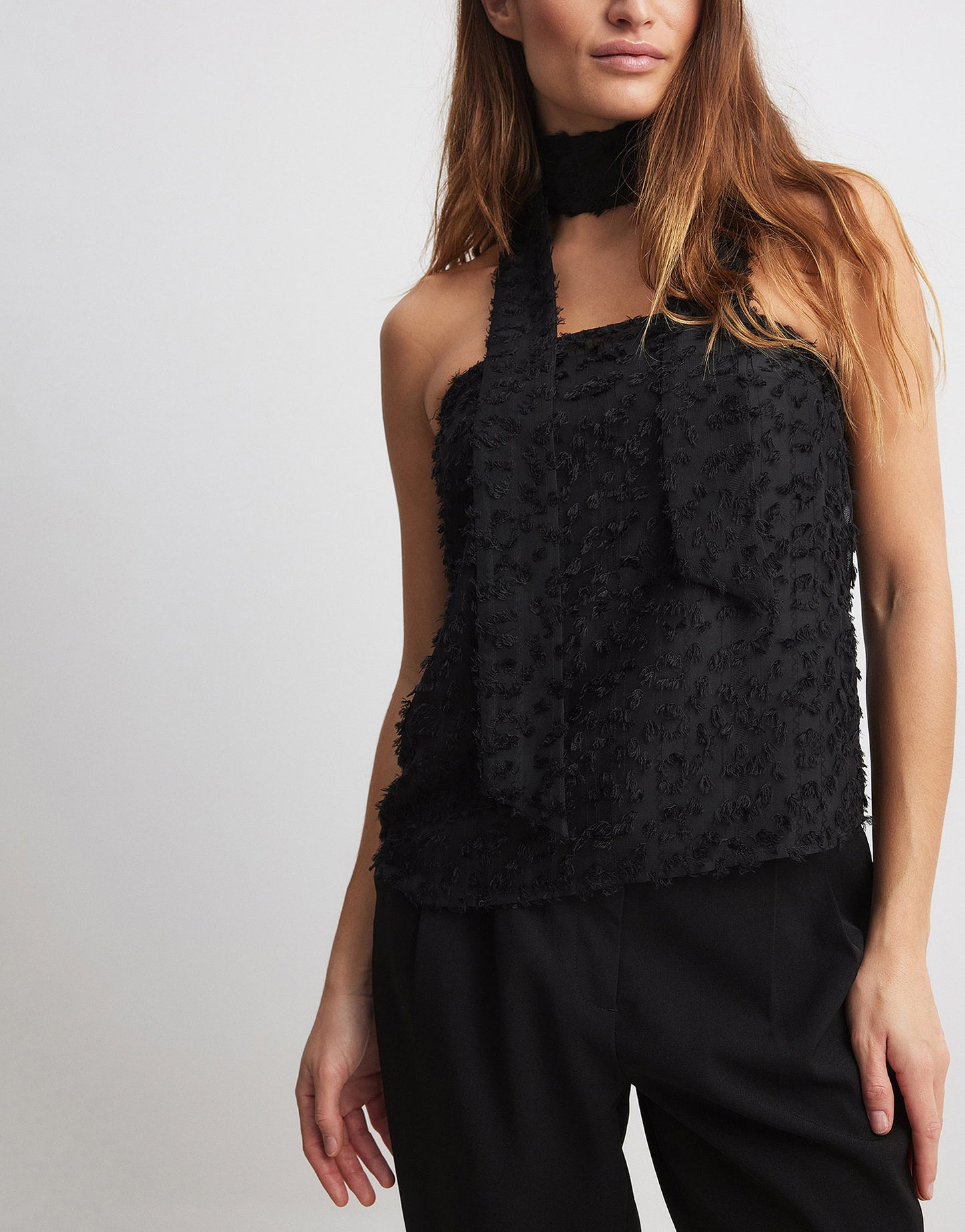 NA-KD textured chiffon scarf top in black