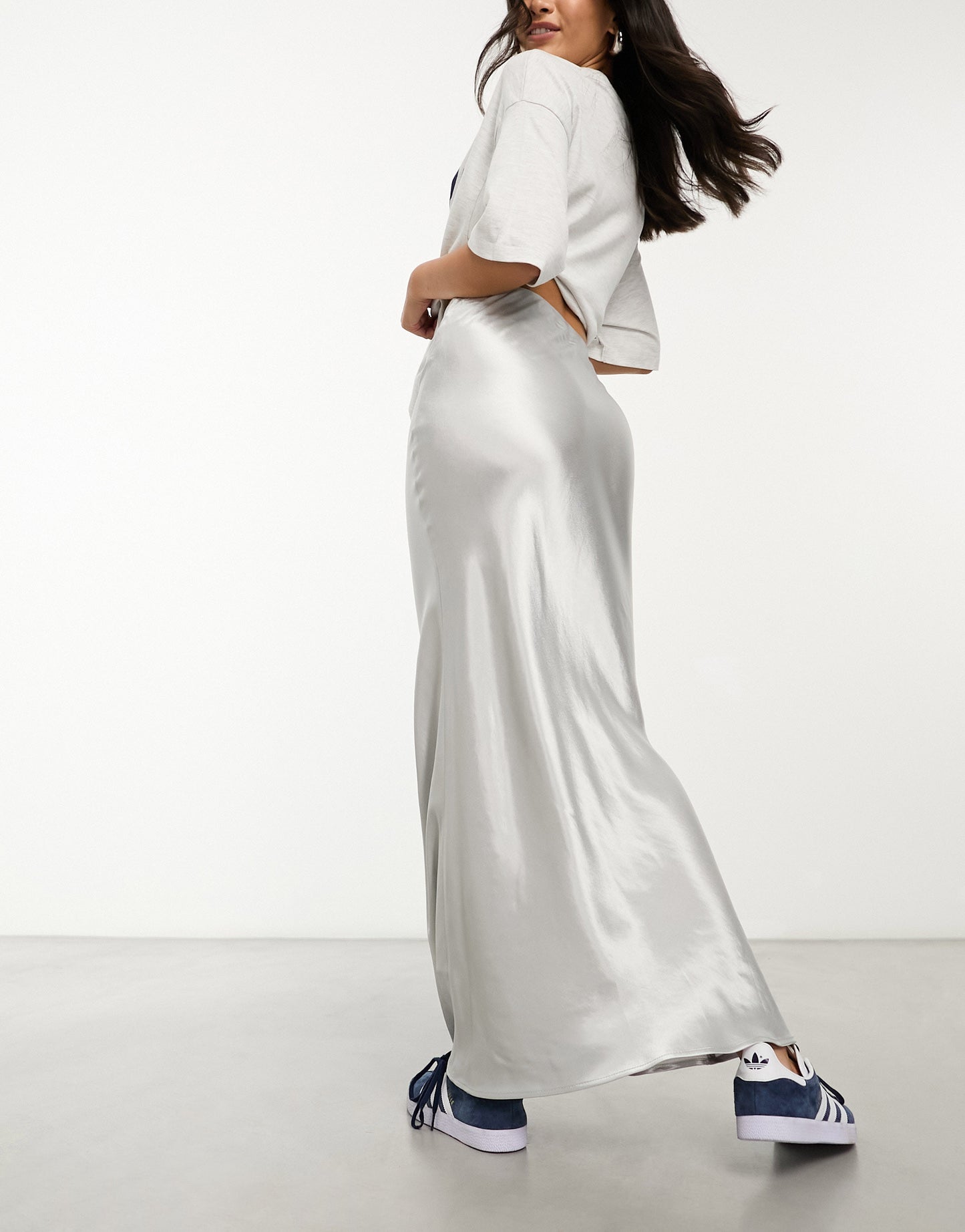 New Look satin blend maxi skirt in silver