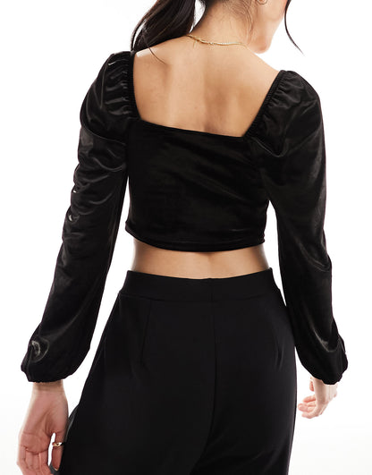 New Look long sleeve velvet corset top in black