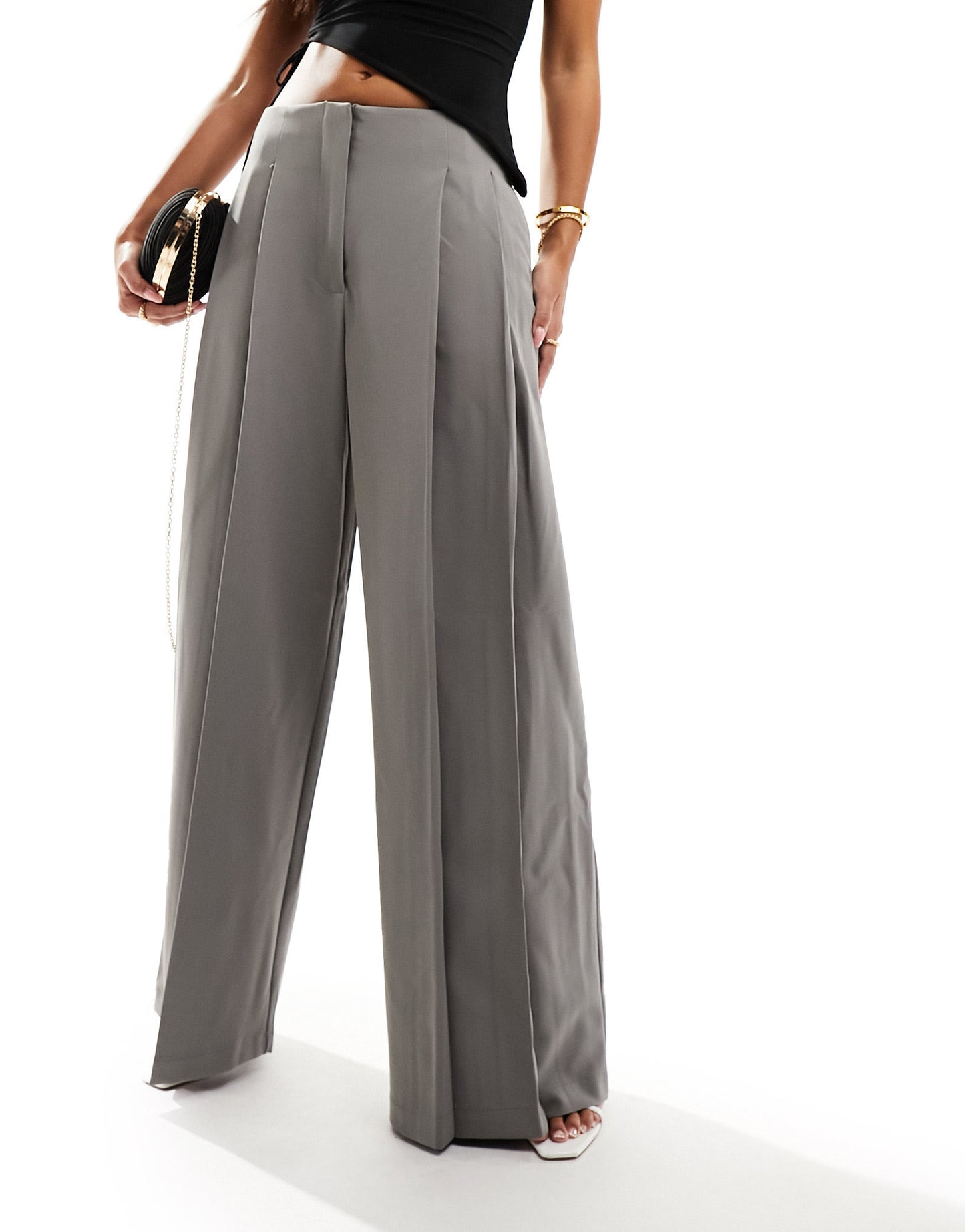 Y.A.S wide leg pleat detail trousers in grey