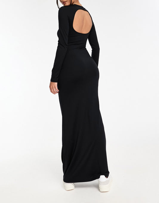 Bershka long sleeve open back shaping maxi dress in black