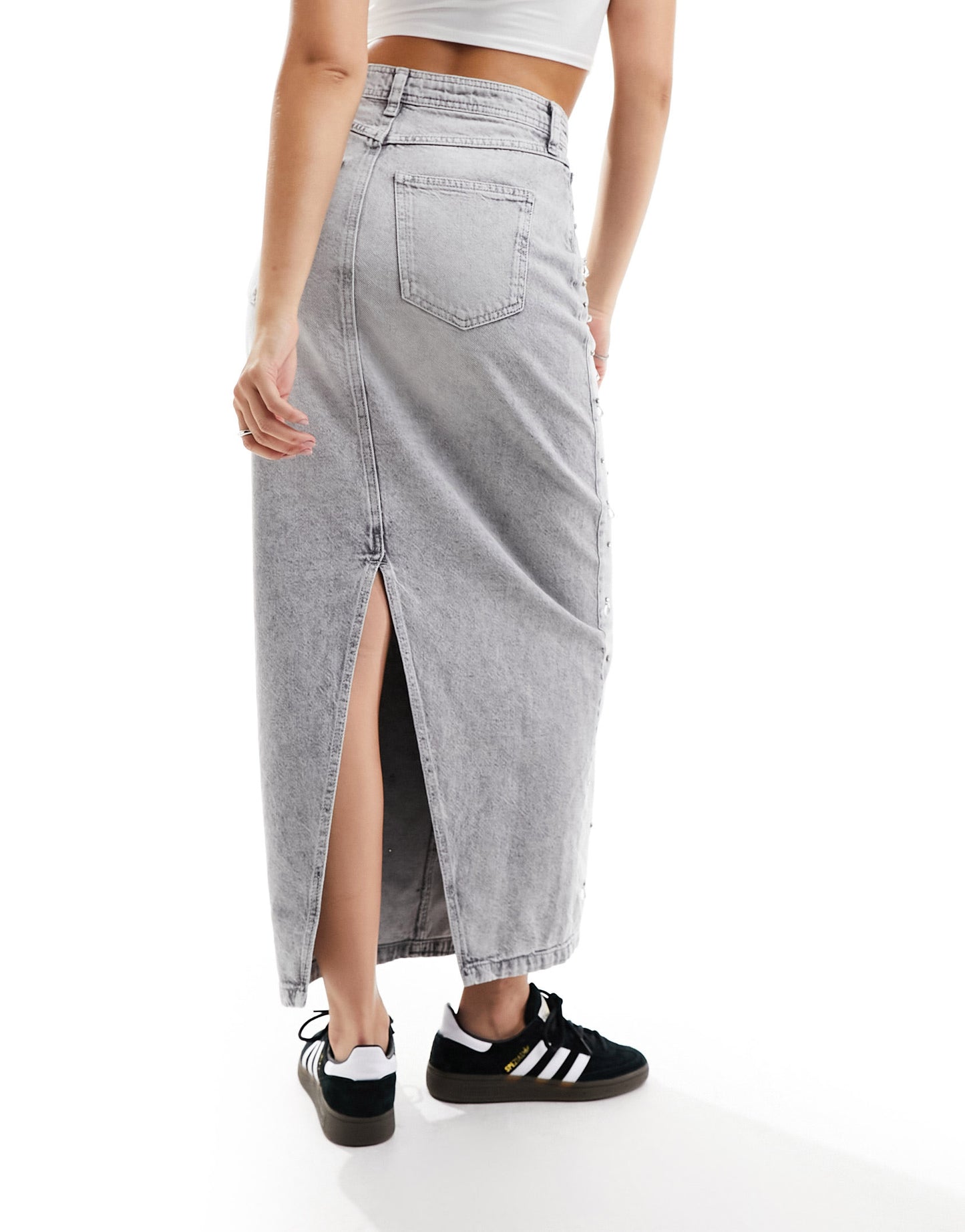 River Island embellished denim maxi skirt in light grey