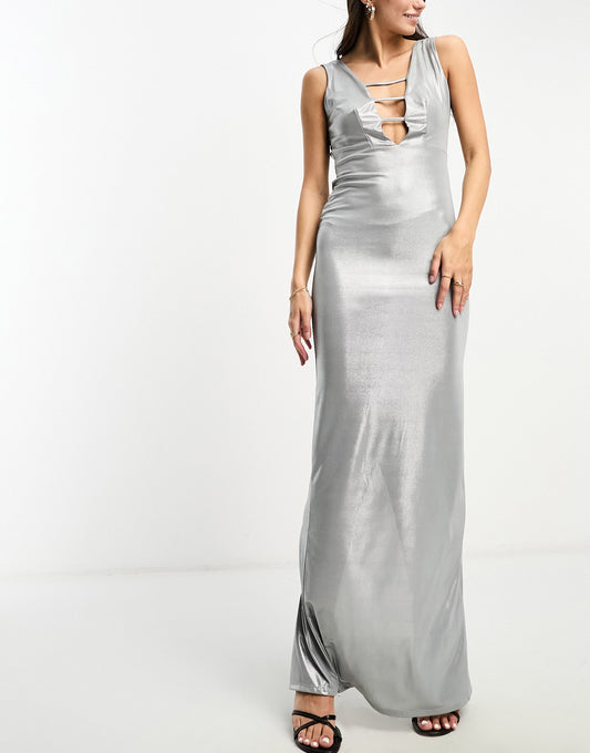 ASOS DESIGN binding detail front maxi dress in metallic silver