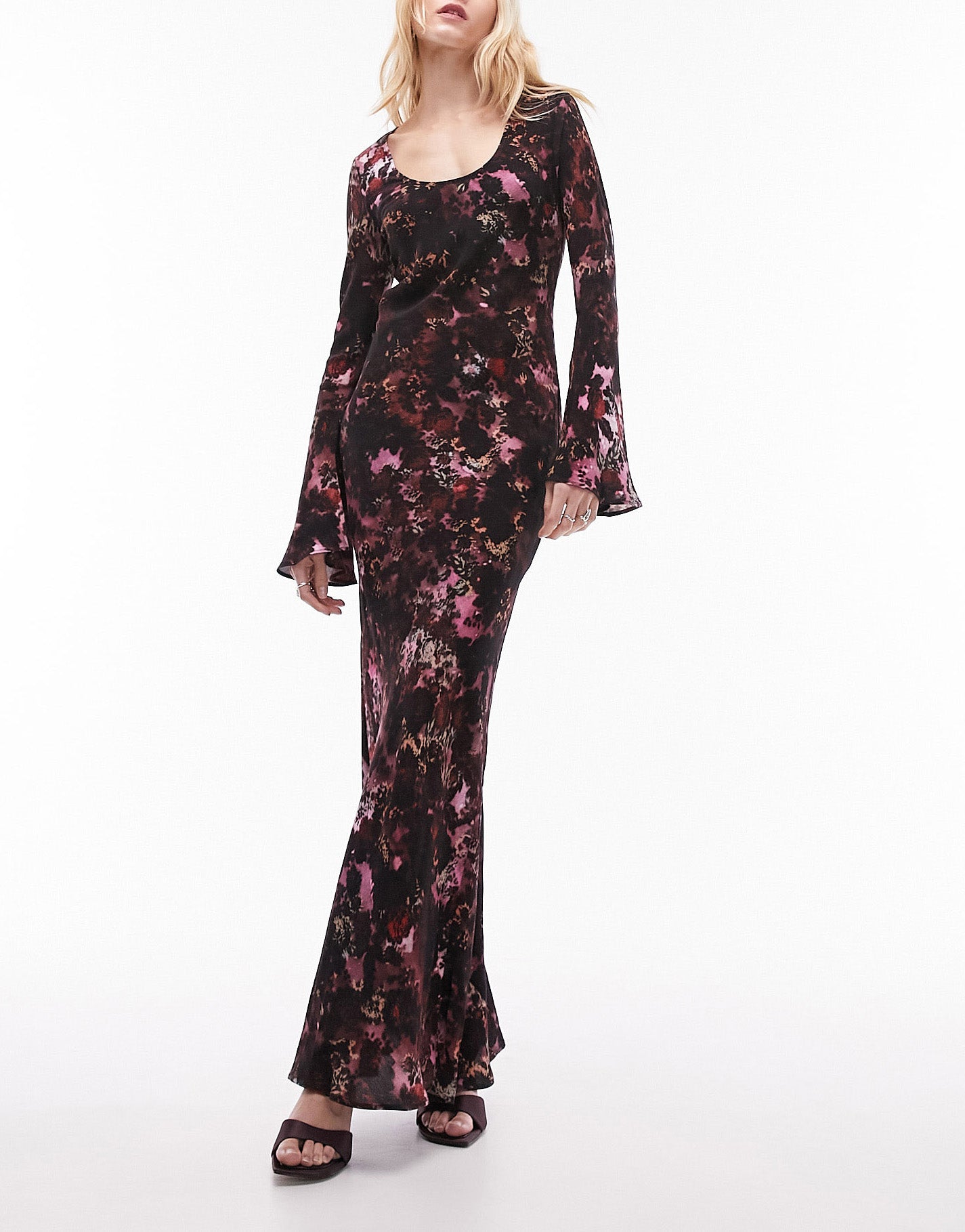 Topshop v neck flute sleeve scoop neck maxi column dress in dark floral print