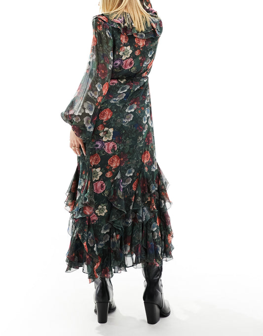 & Other Stories midaxi dress with ruffle detail and volume sleeves in dark floral print